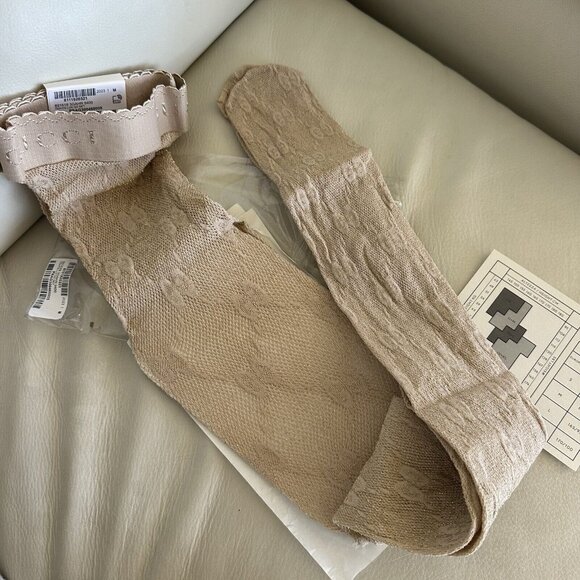 NWT Gucci GG Monogram Tights - Woman Beige M Lurex Champagne 100% Authentic - Picture 5 of 6